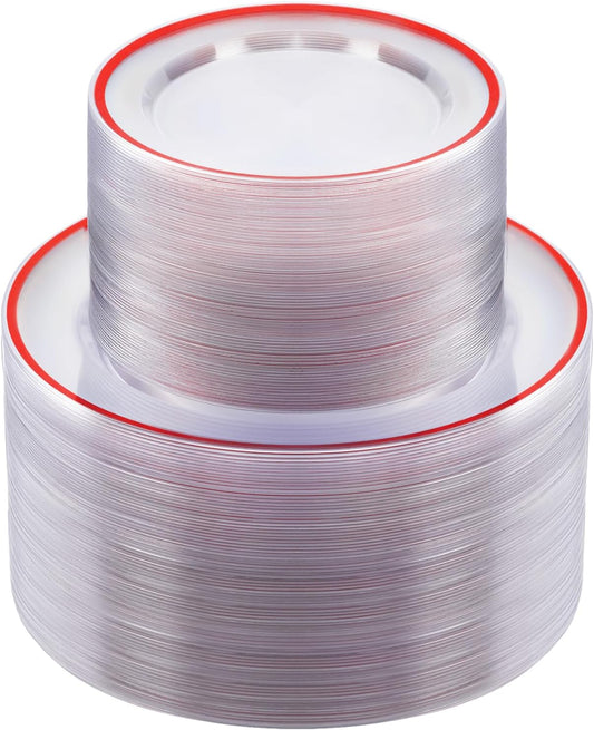 200PCS Red and Clear Plastic Plates, Disposable Plate Set with 100 Dinner Plate and 100 Dessert Plates for Party, Christmas, Valentine's Day