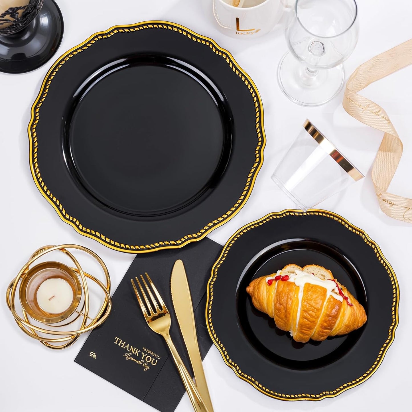 Hioasis 350pcs Black and gold Plastic Plates - Gold Plastic Dinnerware Set Includes 50 Dinner Plates, 50 Dessert Dinnerware, 50 Cups, 50 Rolled Napkin Cutlery Perfect for Wedding & Halloween