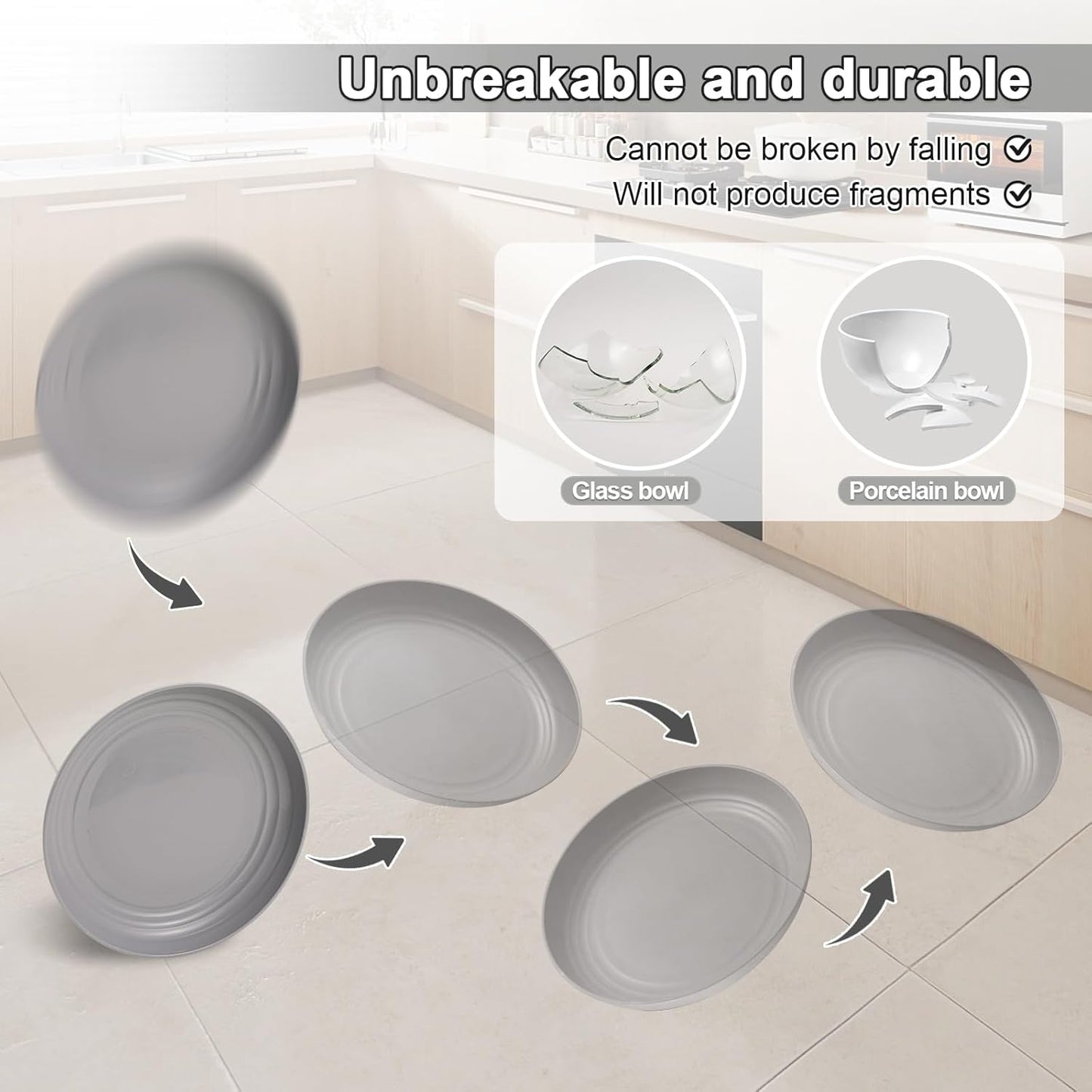 12 Pcs Unbreakable Deep Dessert Plates Set, 8 inch Reusable Plastic Wheat Straw Plates, Microwave and Dishwasher Safe Plate for Kitchen, Lightweight Plate for Dessert, BPA Free, Dark Gray