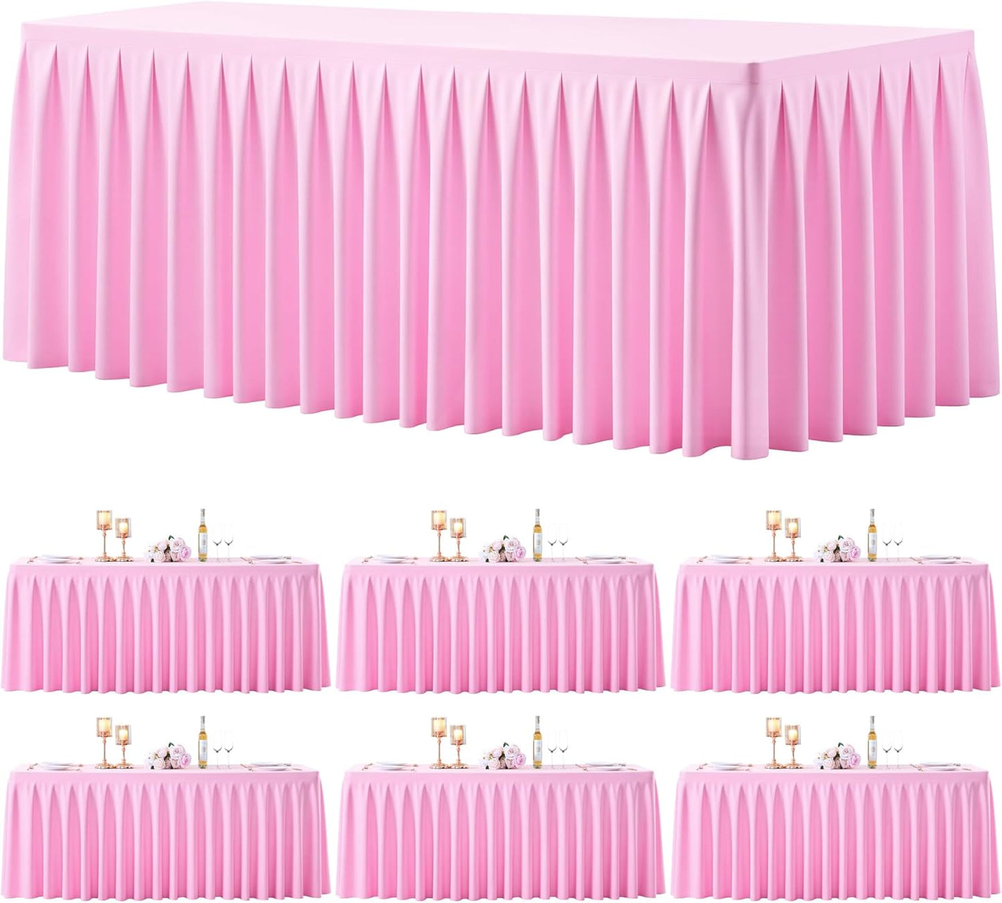 6 Pack Pink Rectangle Tablecloth 8 FT Stretch Spandex Fitted Table Cloth for 8 Foot Rectangle Tables Banquet Tablecloths Wrinkle Free Table Cover Skirt Ruffle Tablecloth for Party Wedding Birthday