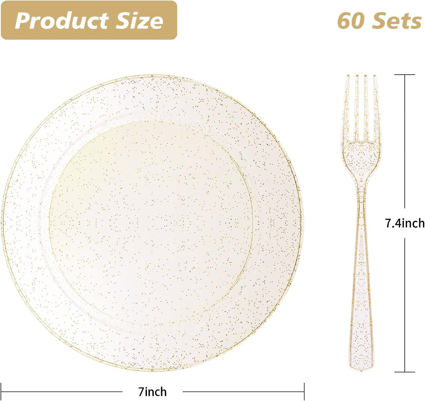 Goodluck 120PCS 7" Gold Glitter Dessert Plastic Plates with 7.4" Forks, Gold Appetizer Plates for 60 Guests, Including 60 Disposable Cake Plastic Plates and 60 Forks for Wedding/Birthday Party