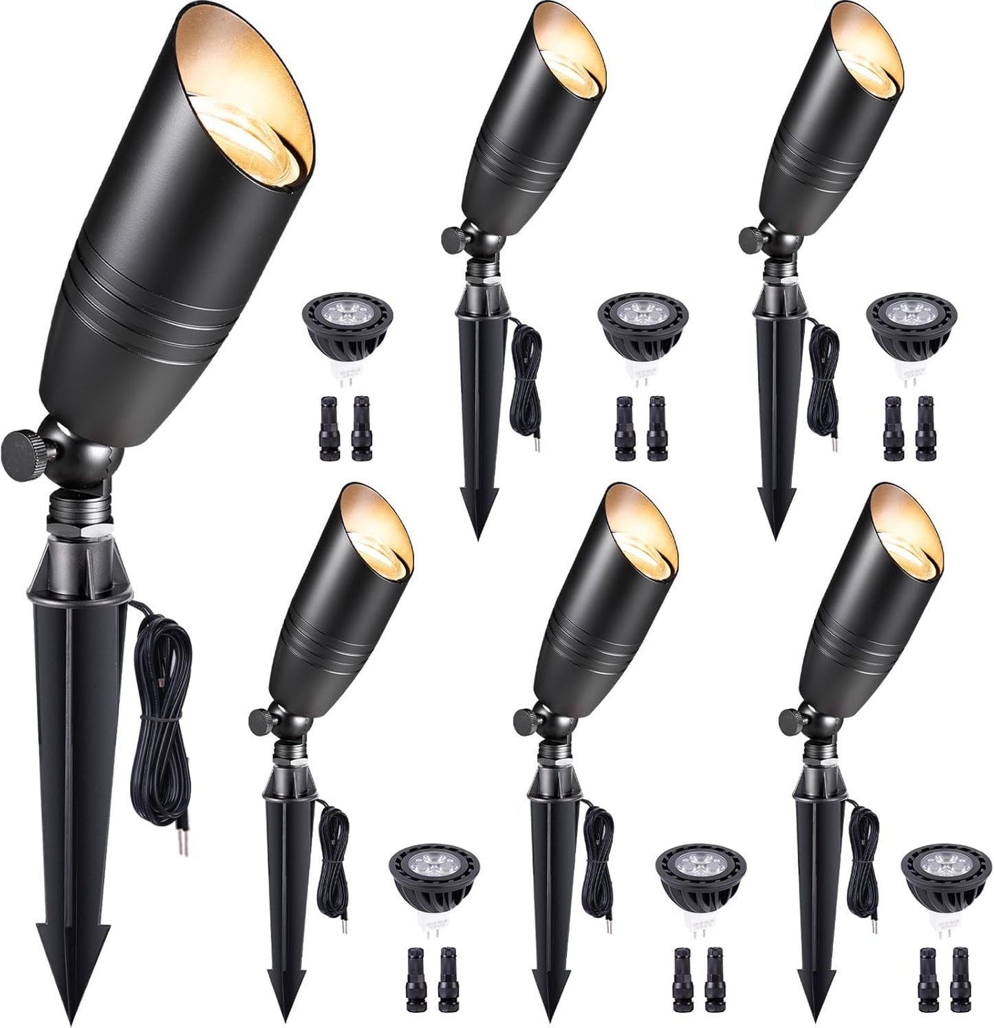 Gardenreet Low Voltage Spot Lights - Black Solid Brass Landscape Spotlight Wired, 12V Outdoor LED Bullet Uplights, Waterproof Electric for Patio Wall with 4000K Bright White MR16 Bulb (6 Pack)
