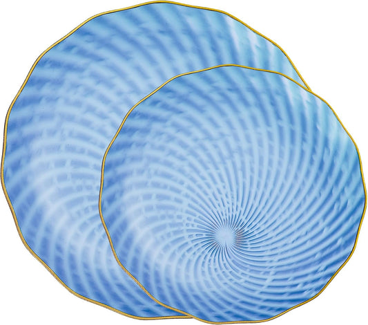 PLASTICPRO 60 Pack Plastic Plates Set of 30-10 inch Plates and 30-7 inch Plate, Elegant Clear Blue Spiral and Gold Rim Disposable Fancy Plate Premium Heavyweight