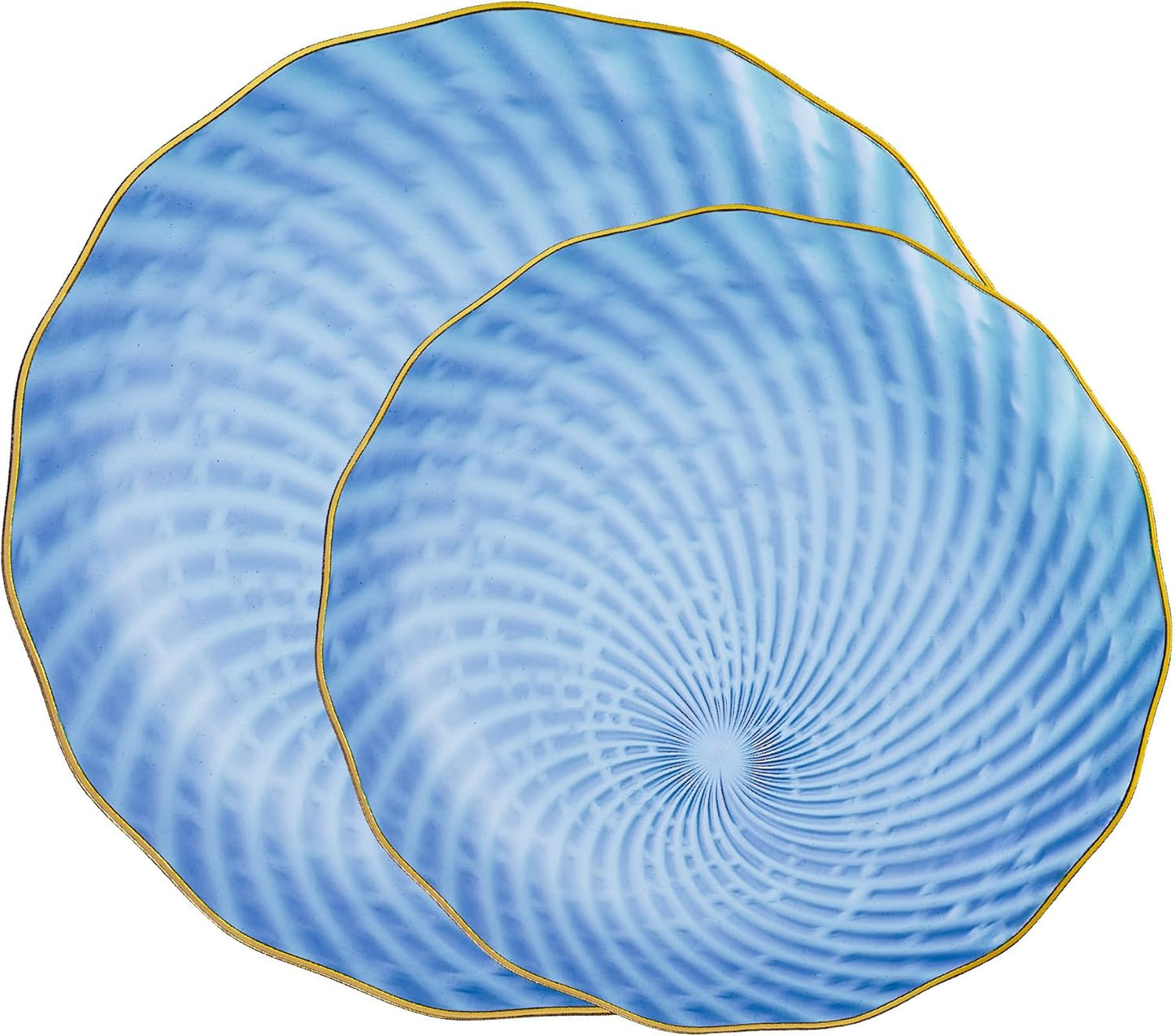 PLASTICPRO 30 Pack Plastic Plates Set of 15-10 inch Plates and 15-7 inch Plates, Elegant Clear Blue Spiral and Gold Rim Disposable Fancy Plates Premium Heavyweight