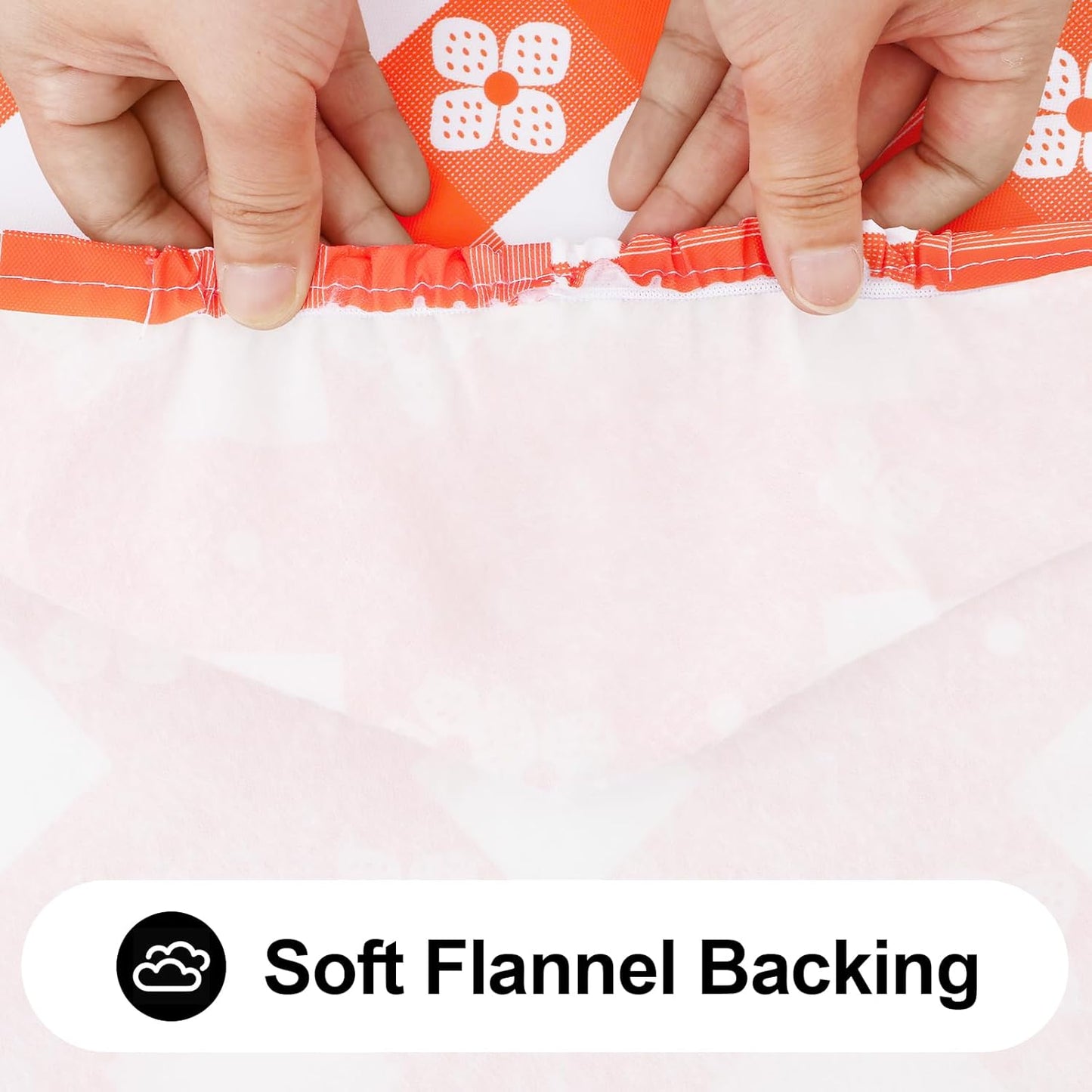 Rectangle Vinyl Table Cloth, Waterproof Elastic Fitted Tablecloth with Flannel Backing, Plastic Table Cover for Picnic, Camping, Outdoor (White & Orange, 30"x72")