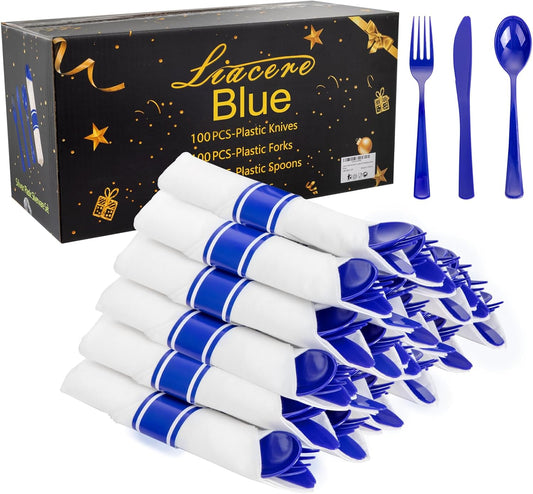 Liacere 100Pack Pre Rolled Blue Silverware and Napkin - Disposable Blue Plastic Utensils-Wrapped Plastic Cutlery Set with Napkin:100 Forks,100 Knives,100 Spoons,100 Napkins for Wedding&New Year