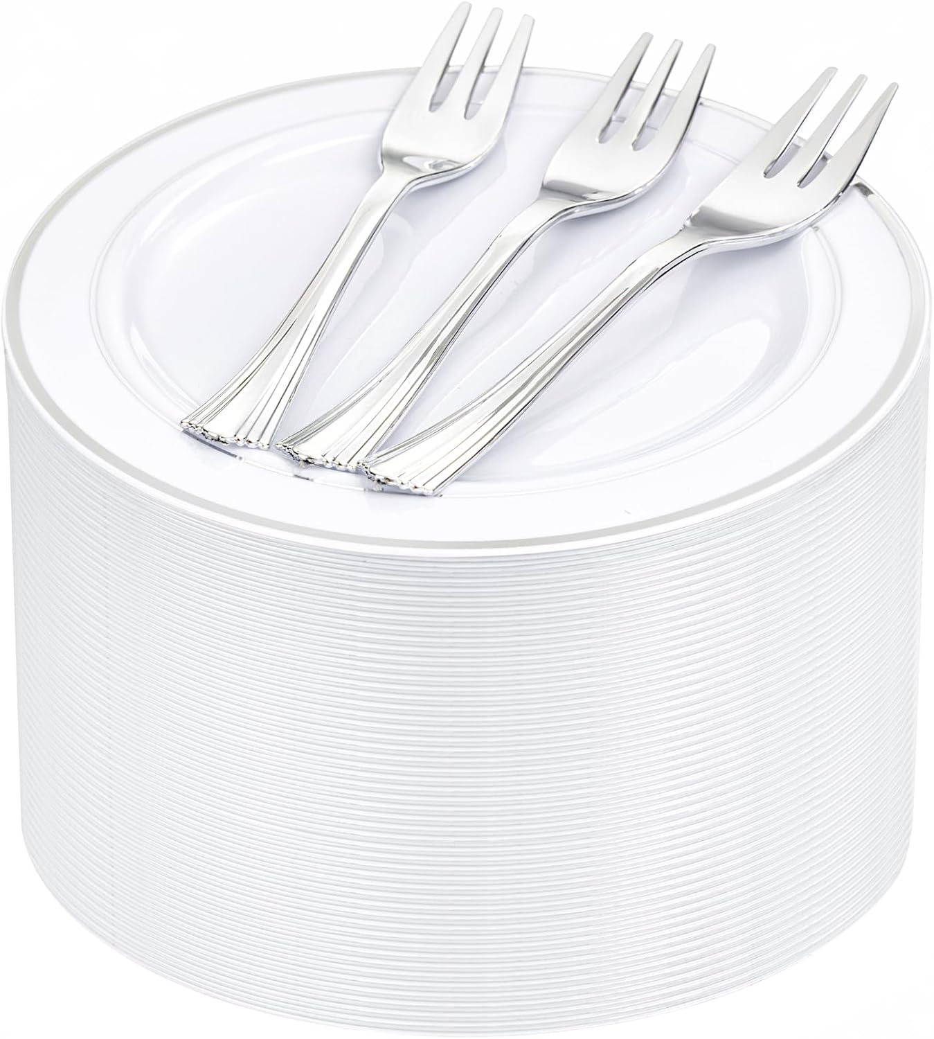 WELLIFE 240PCS Silver Plastic Dessert Plates - Includes 120PCS Silver Forks, 120PCS 6.3 Inch Salad & Appetizer Plates - Perfect for Weddings & Parties