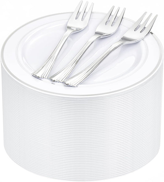 WELLIFE 240PCS Silver Plastic Dessert Plates - Includes 120PCS Silver Forks, 120PCS 6.3 Inch Salad & Appetizer Plates - Perfect for Weddings & Parties