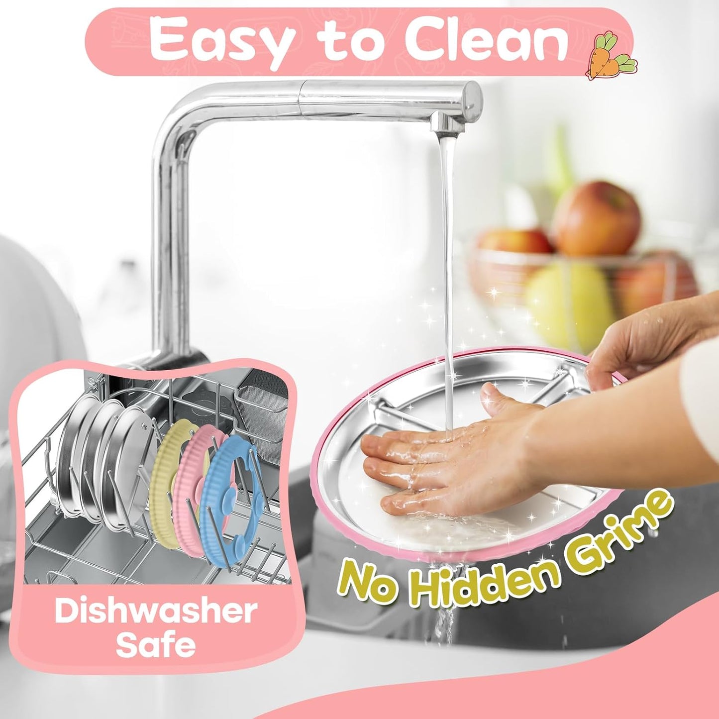 Stainless Steel Kids Plates with Suction, 3Pack 9" Divided Toddler Plates Removable Non Slip Silicone Sleeves Baby Feeding Led Weaning Supplies, BPA Free, Unbreakable Dishwasher Safe