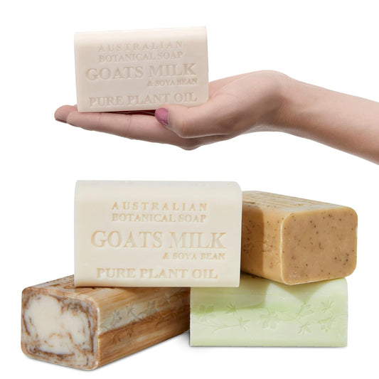 Australian Botanical Soap Goats Milk Sandalwood Oat Milk and Aloe Vera 6.6 oz Luxury Soap Bars Enriched with Shea Butter, Woodsy Assorted Pack of 4