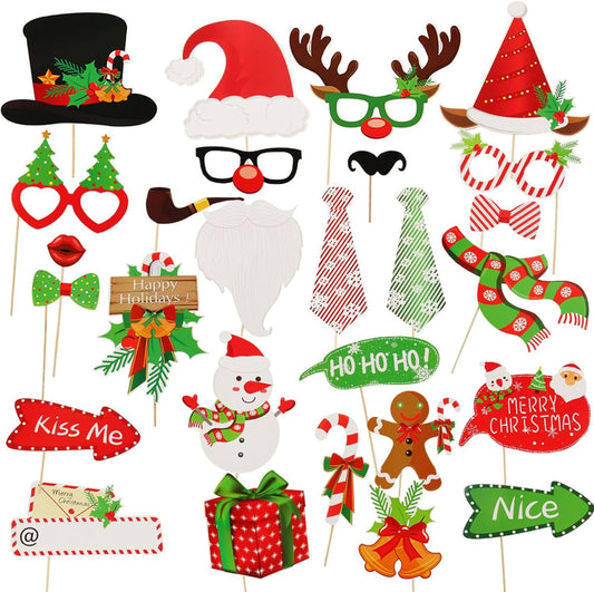 SUNBEAUTY 28 PCS Christmas Photo Booth Props Christmas Party Supplies Selfie Holiday Photo Booth Props Perfect for Family Gatherings, Parties & Holiday Events