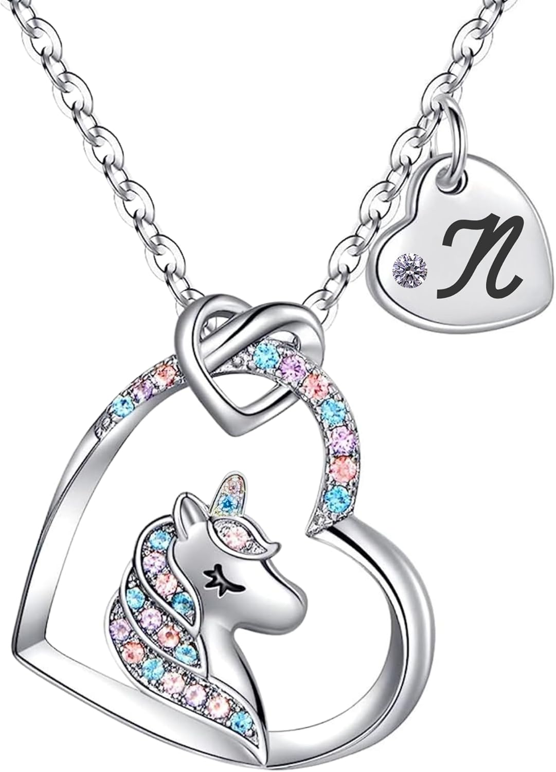 Unicorn Necklace for Girls Kids with Personalized Initial Heart Pendant, 18K Gold Fashion Jewelry for Girls, Colorful Heart Necklace for Birthday Gifts.