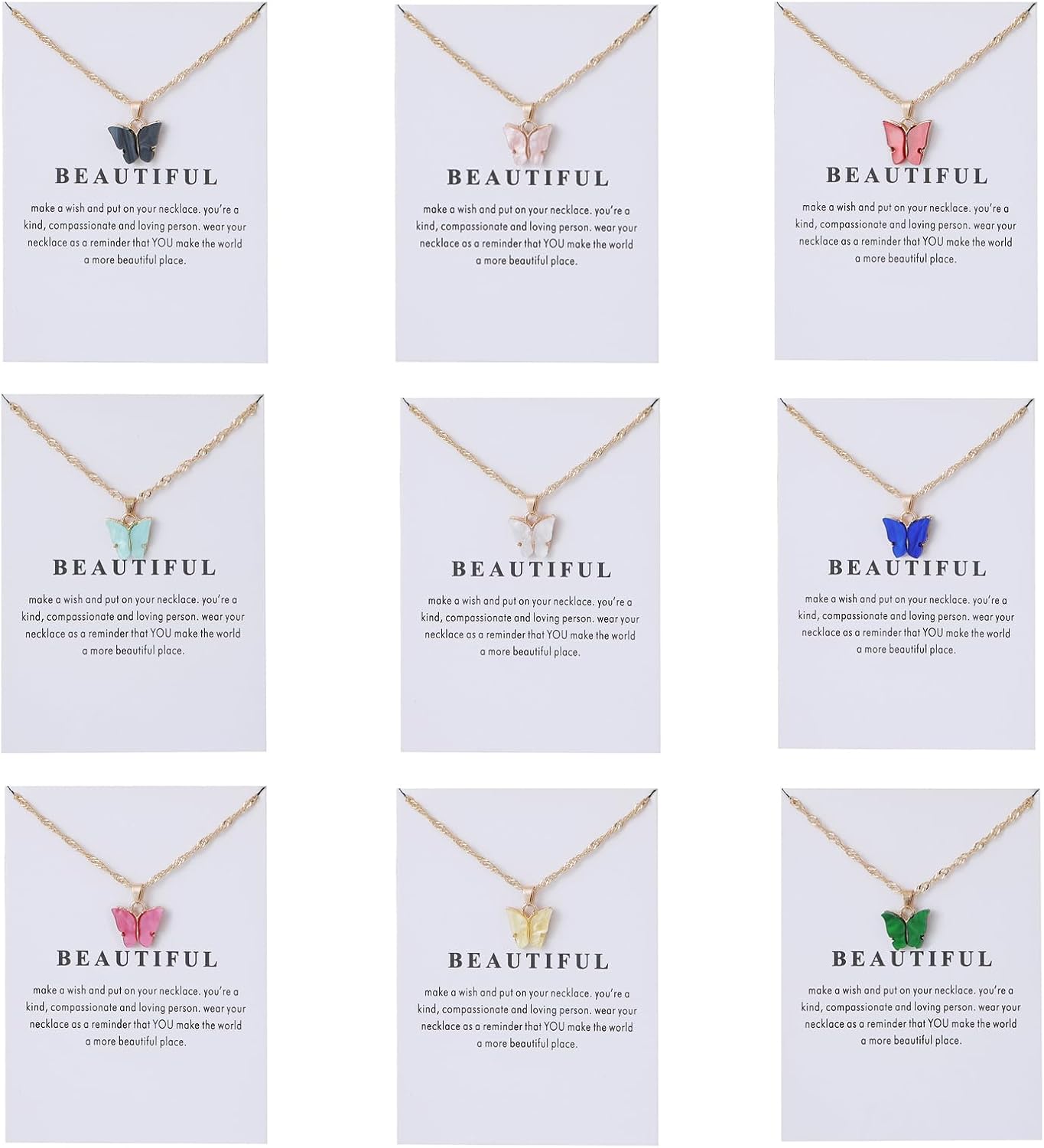9Pcs Bohemian Butterfly Pendant Necklace Set,Dainty Adjustable Acrylic Colorful Insect Chain Necklace Minimalist Choker Necklace for Women Lover Jewelry
