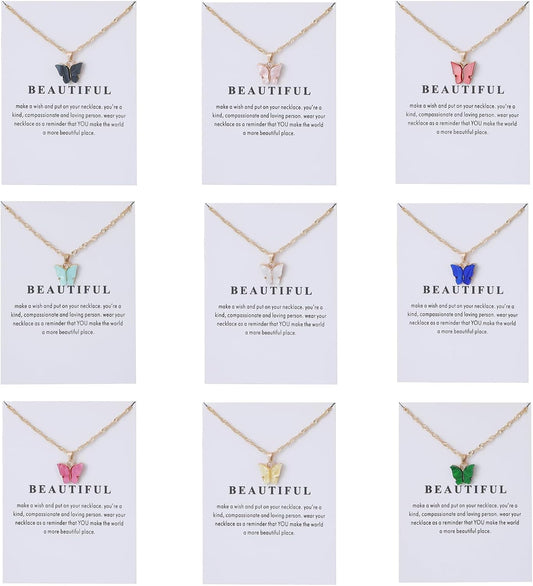 9Pcs Bohemian Butterfly Pendant Necklace Set,Dainty Adjustable Acrylic Colorful Insect Chain Necklace Minimalist Choker Necklace for Women Lover Jewelry