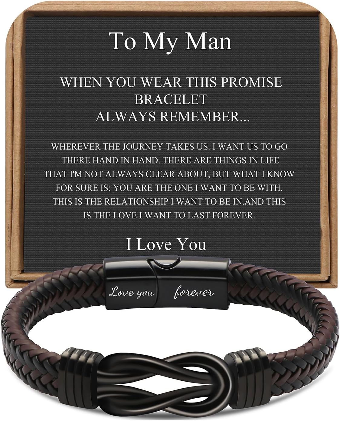 𝗞𝗻𝗼𝘁 𝗕𝗿𝗮𝗰𝗲𝗹𝗲𝘁 𝗚𝗶𝗳𝘁𝘀 𝗳𝗼𝗿 𝗠𝗲𝗻 Brown Braided Leather Stainless Steel Infinity Bracelets Lettering Love You Forever Gifts for Son Grandson Husband Boyfriend Brother Always Linked Together