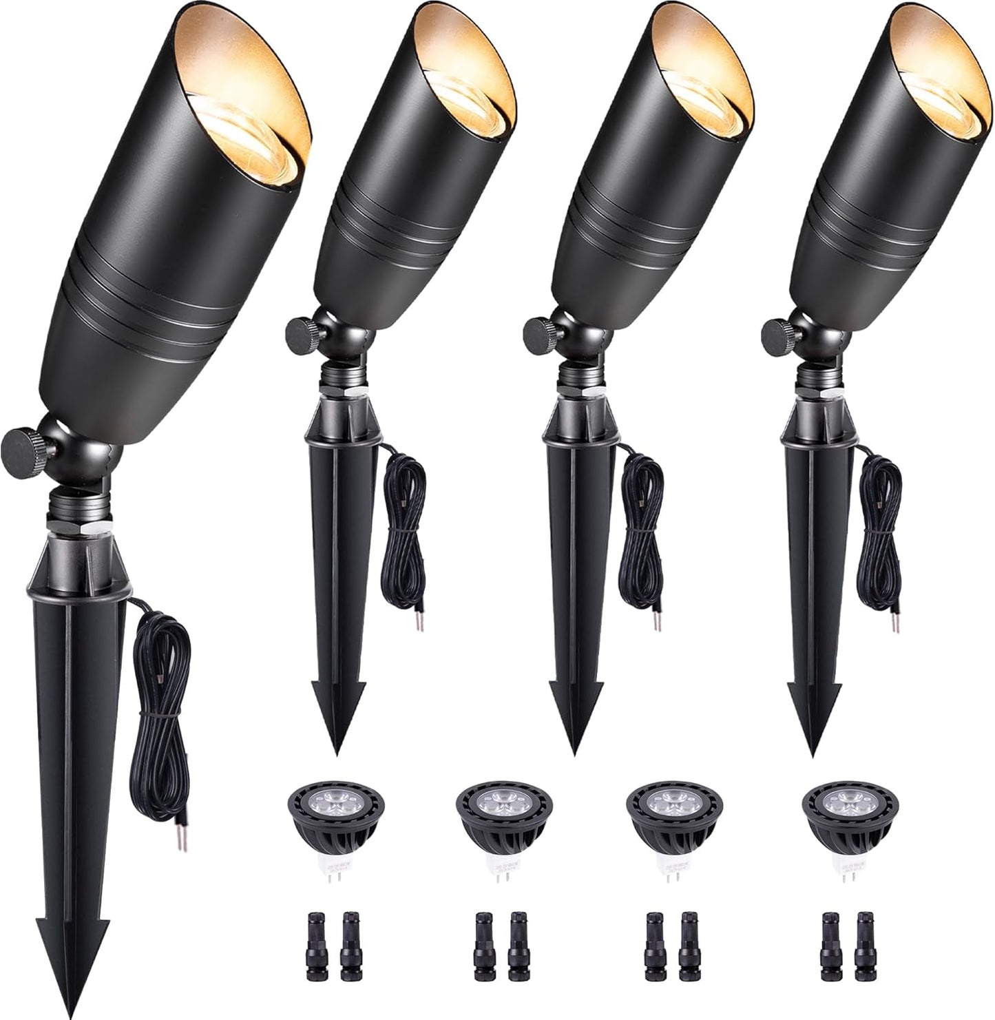 Gardenreet Brass Landscape Lighting - Black Low Voltage Spotlights Outdoor LED, 12V Wired Uplights, Waterproof Spot Lights for Outside Trees with 5W 5000K Daylight MR16 Bulb (4 Pack)