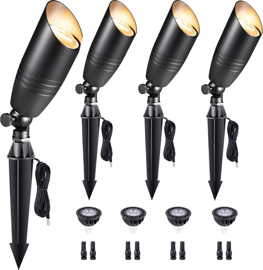 Gardenreet Brass Landscape Lighting - Black Low Voltage Spotlights Outdoor LED, 12V Wired Uplights, Waterproof Spot Lights for Outside Trees with 5W 5000K Daylight MR16 Bulb (4 Pack)