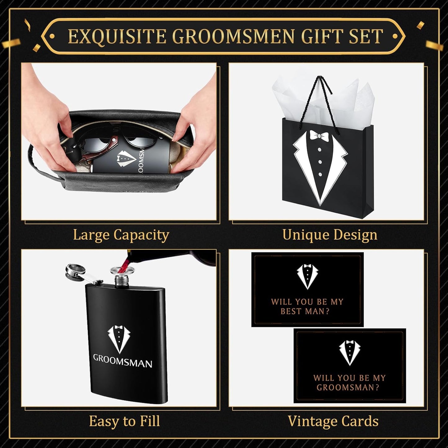 60Pcs Groomsmen Gifts Groomsmen Proposal Box with Flasks Sunglasses PU Leather Toiletry Bag Bottle Opener for Wedding Groomsman Best Man Gift (Black)