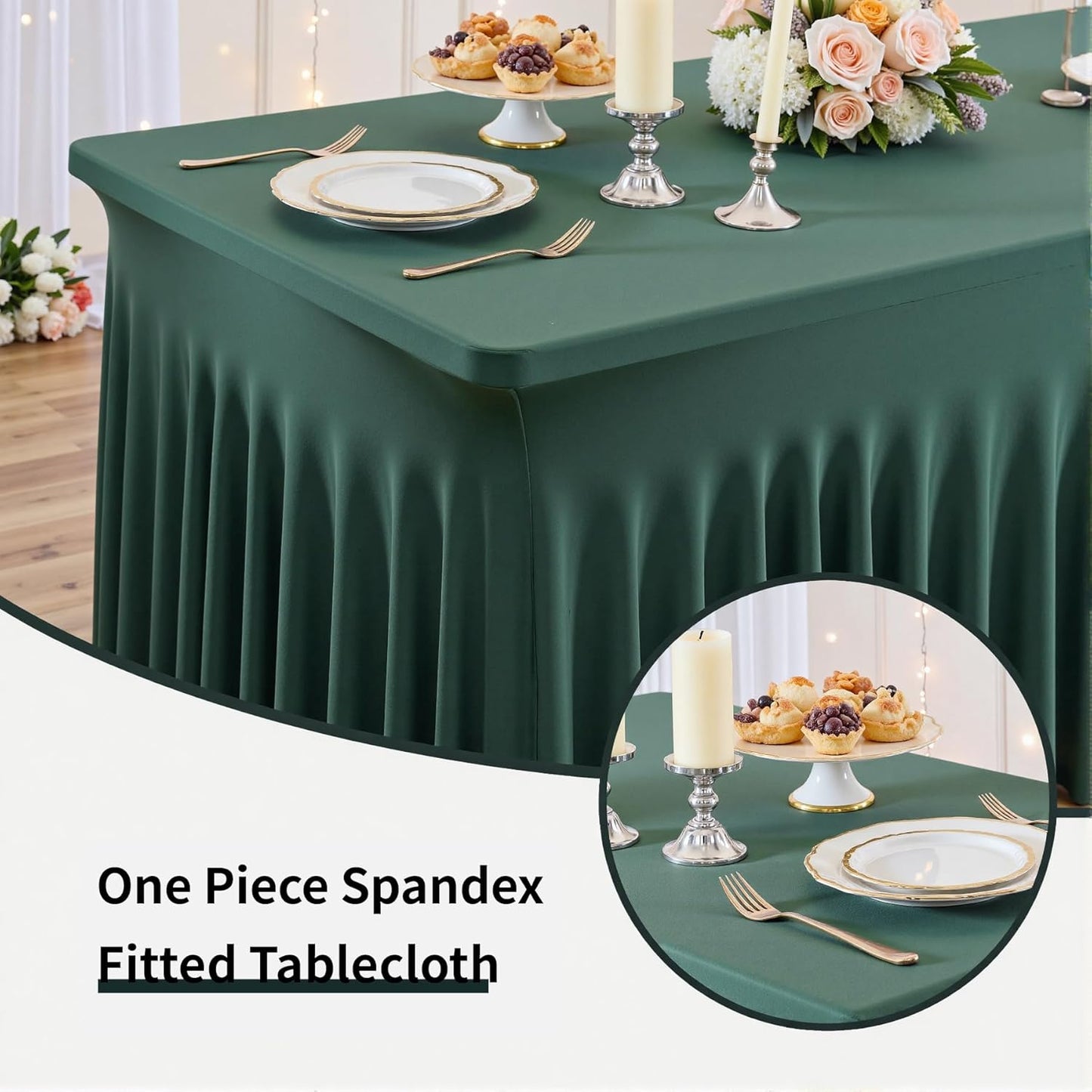Outpain Hunter Green Spandex Table Clothes for 6 Foot Rectangle Tables-6Pack 6FT Spandex Fitted Table Cover, Wrinkle Free Tablecloths with Skirt for Parties, Wedding, Birthday, Banquet, Festival