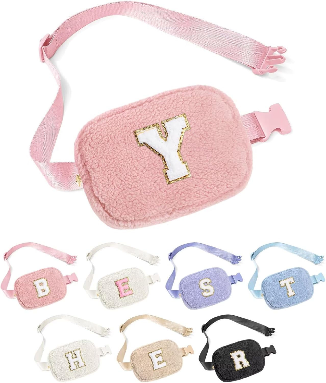 YOOLIFE Bridesmaid Gifts - Bridesmaid Proposal Gift Wedding Day, Bridal Shower Gifts, Maid of Honor Gifts, Bachelorette Party Decorations Favors, Fleece Belt Bag Initial Crossbody Bag, Pink Y