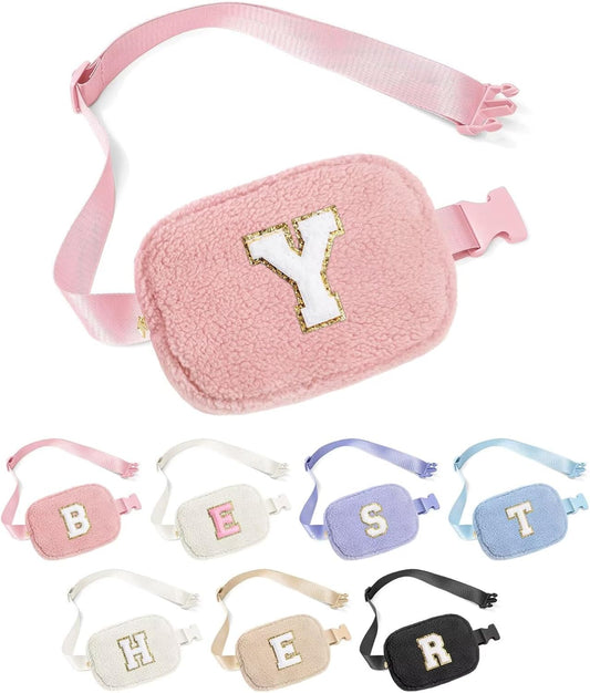 YOOLIFE Bridesmaid Gifts - Bridesmaid Proposal Gift Wedding Day, Bridal Shower Gifts, Maid of Honor Gifts, Bachelorette Party Decorations Favors, Fleece Belt Bag Initial Crossbody Bag, Pink Y