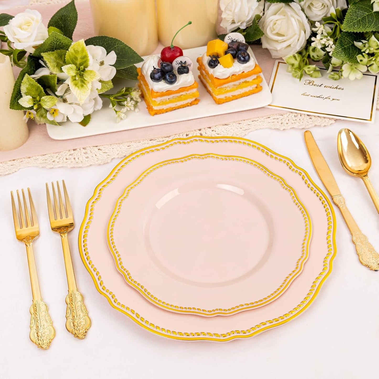 Hioasis 60pcs Pink Plastic Plates - Pink and Gold Disposable Dinnerware with Gold Rim, Heavy-duty, 7.5 inch, Dessert Plates for Party & Wedding