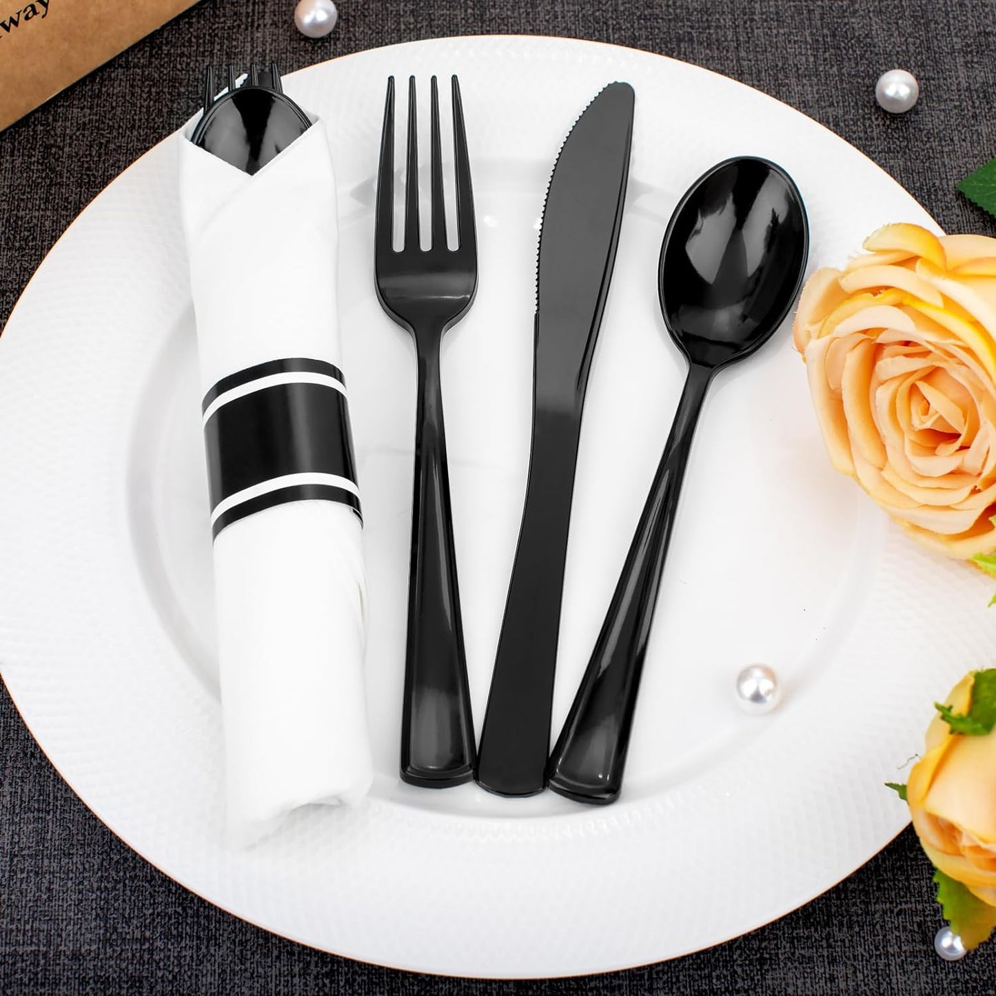 Supernal 60 Pack Hevy Duty Rolled Black Plastic Silverware,Pre Wrapped Cutlery with Napkins, Rolled Plastic Forks and Spoons, Black Disposable Silverware Suit for Party, Birthday