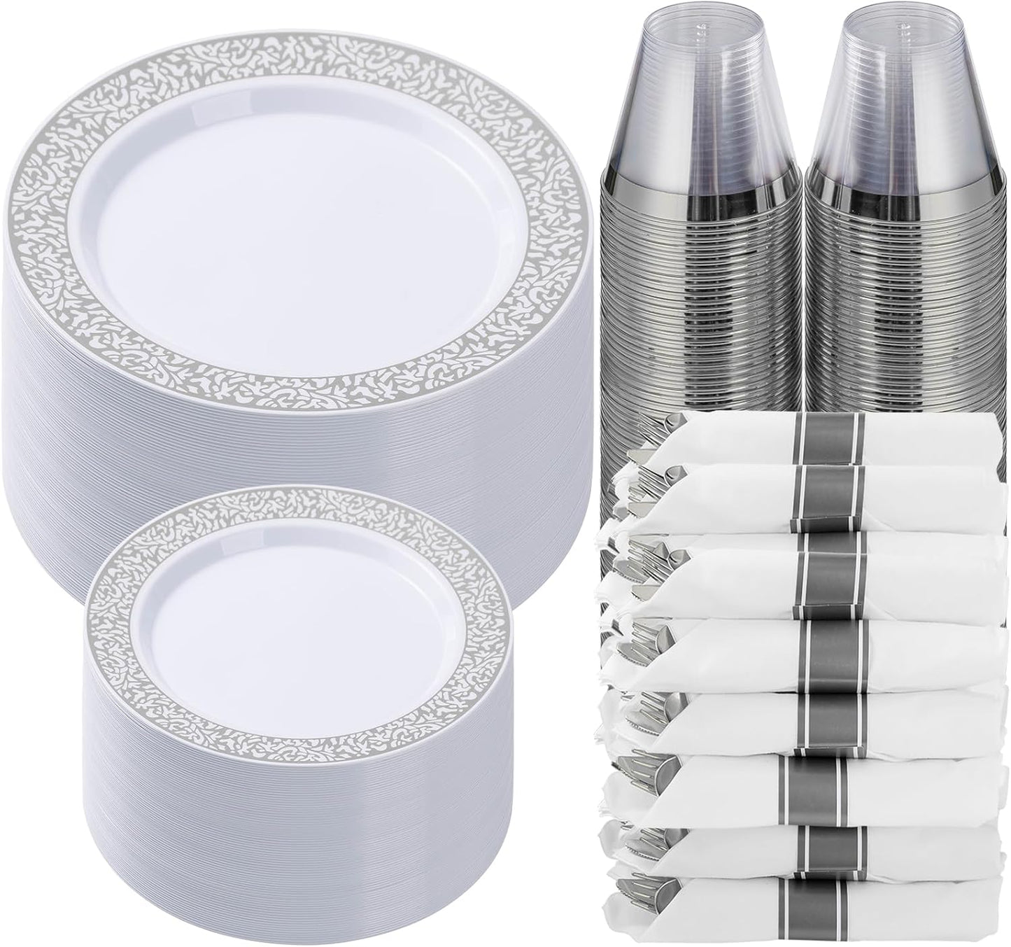 Goodluck 350pc Silver Plastic Dinnerware Set for 50 Guests - Disposable Lace Plates, Napkins, Silverware & Cups