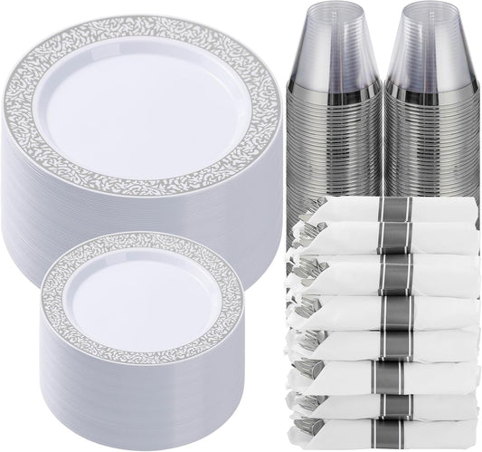 Goodluck 350pc Silver Plastic Dinnerware Set for 50 Guests - Disposable Lace Plates, Napkins, Silverware & Cups
