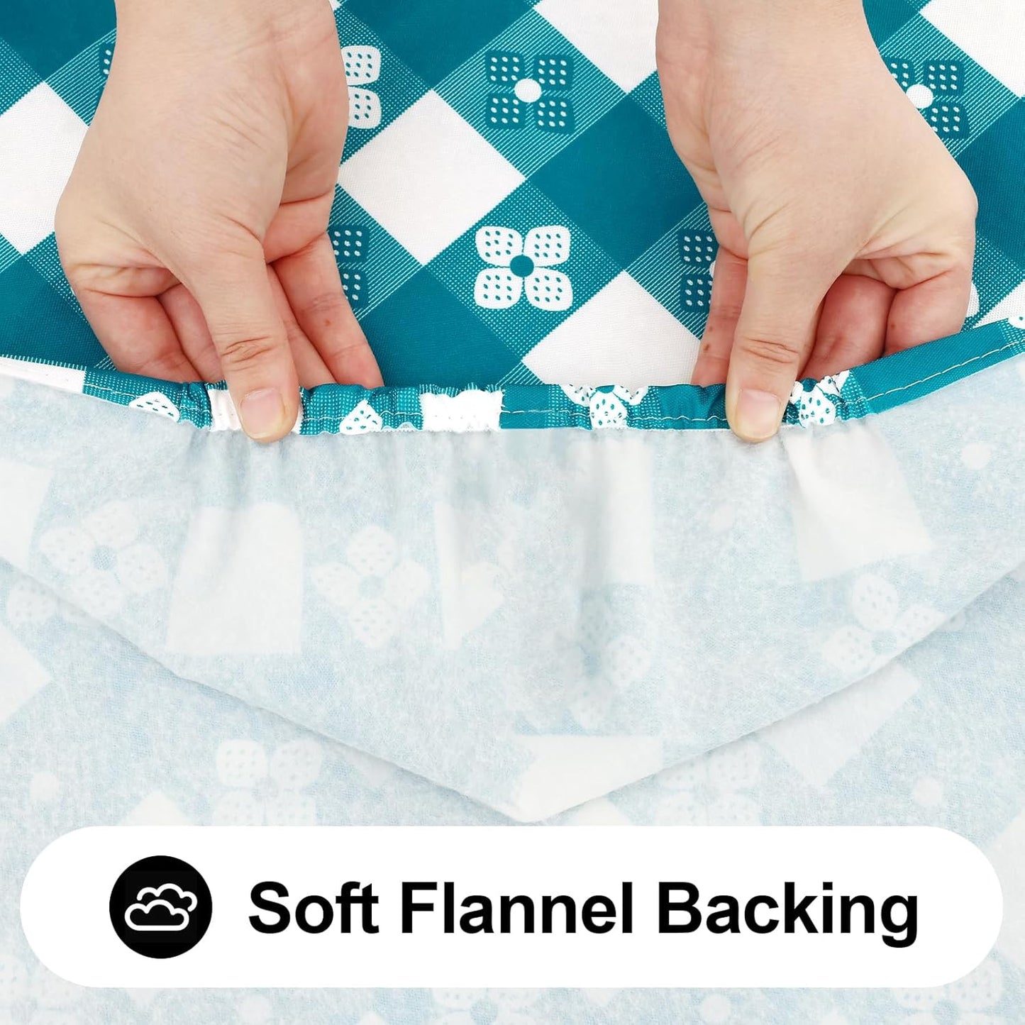 Rectangle Vinyl Table Cloth, Waterproof Elastic Fitted Tablecloth with Flannel Backing, Plastic Table Cover for Picnic, Camping, Outdoor (White & Turquoise, 30"x72")