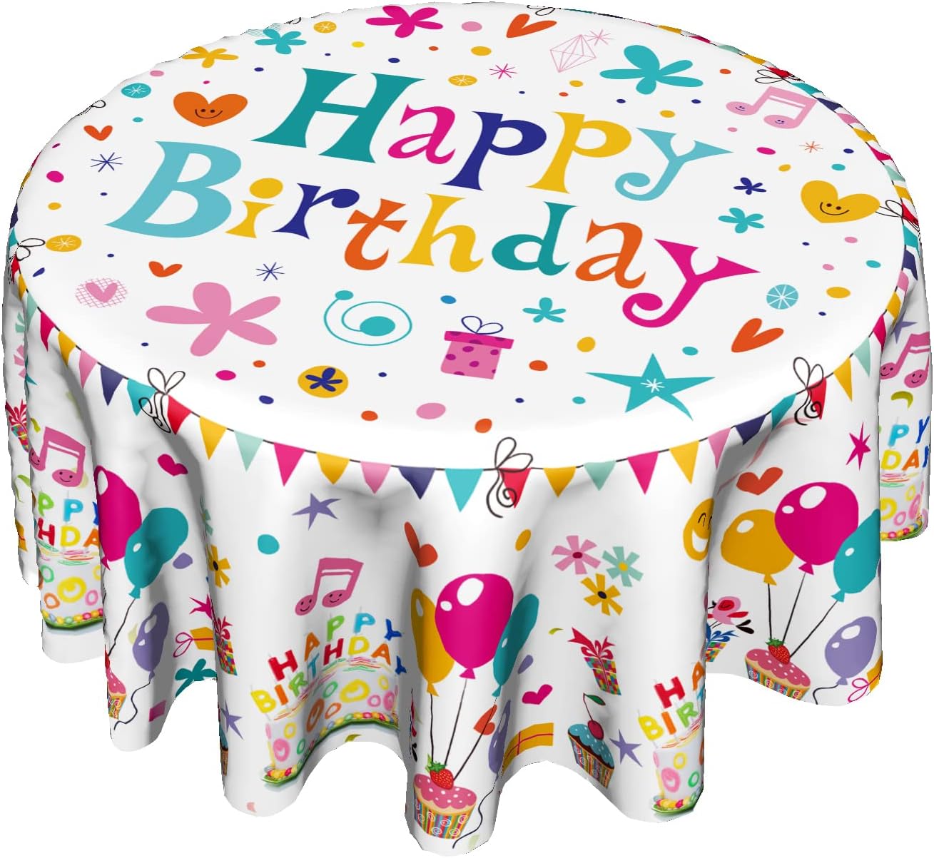 Giwawa Happy Birthday Round Tablecloth- Birthday Cake Design with Colorful Flags Balloons Gifts Collection- 60in Circle Table Cloth Cover for Birthday Party Decoration Kitchen Dining Room