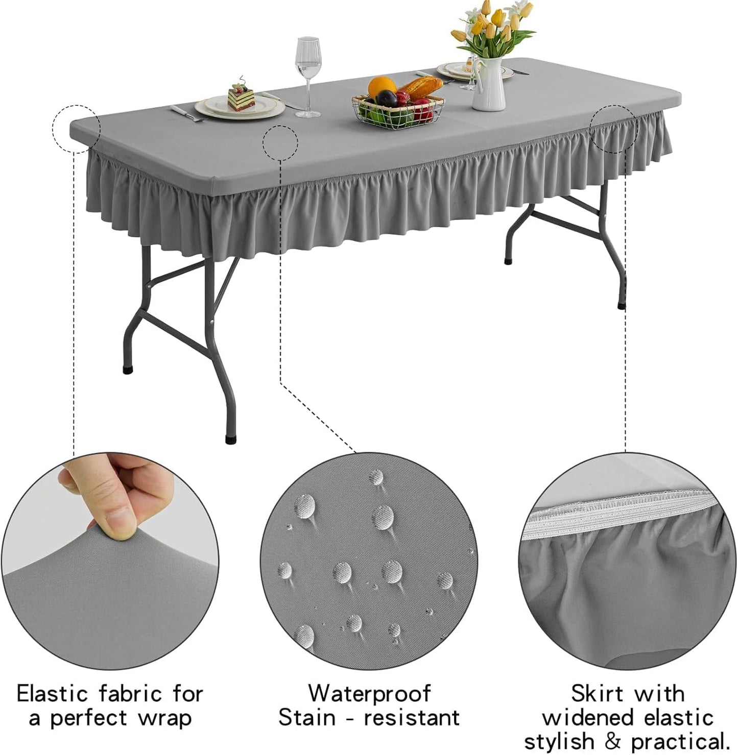 4ft Light Grey Stretch Tablecloth for Rectangular Tables - Flared Wrap Design, Waterproof, Wrinkle-Resistant, Washable - Ideal for Weddings, Parties, Banquets & Table Protection