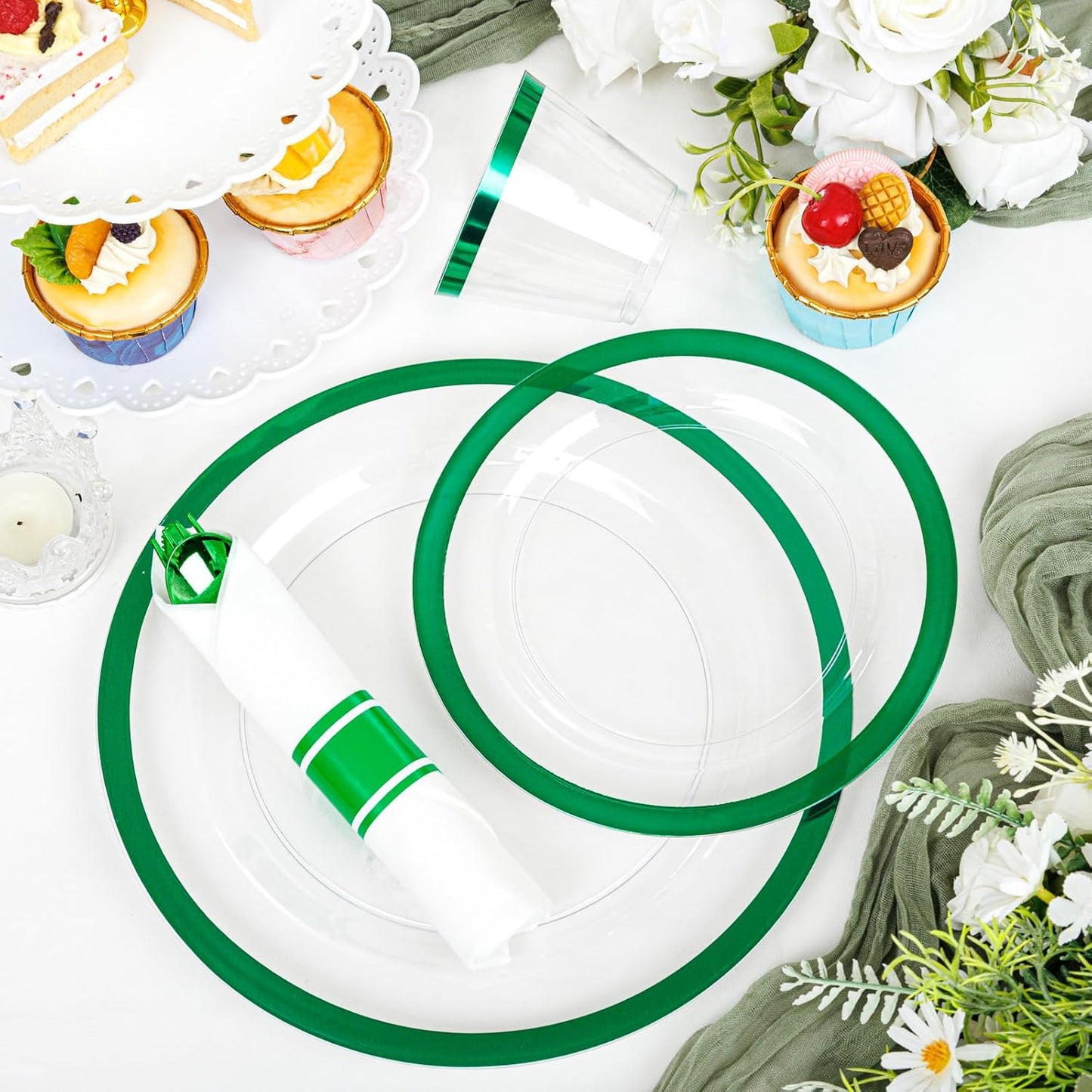 I00000 210 Pcs Green Plastic Plates-St. Patrick's Day Green Dinnerware for Party, Include 30 Dinner and 30 Dessert Plates,30 Plastic Cups 9 OZ,30 Per Rolled Napkins with Cutlery for Party