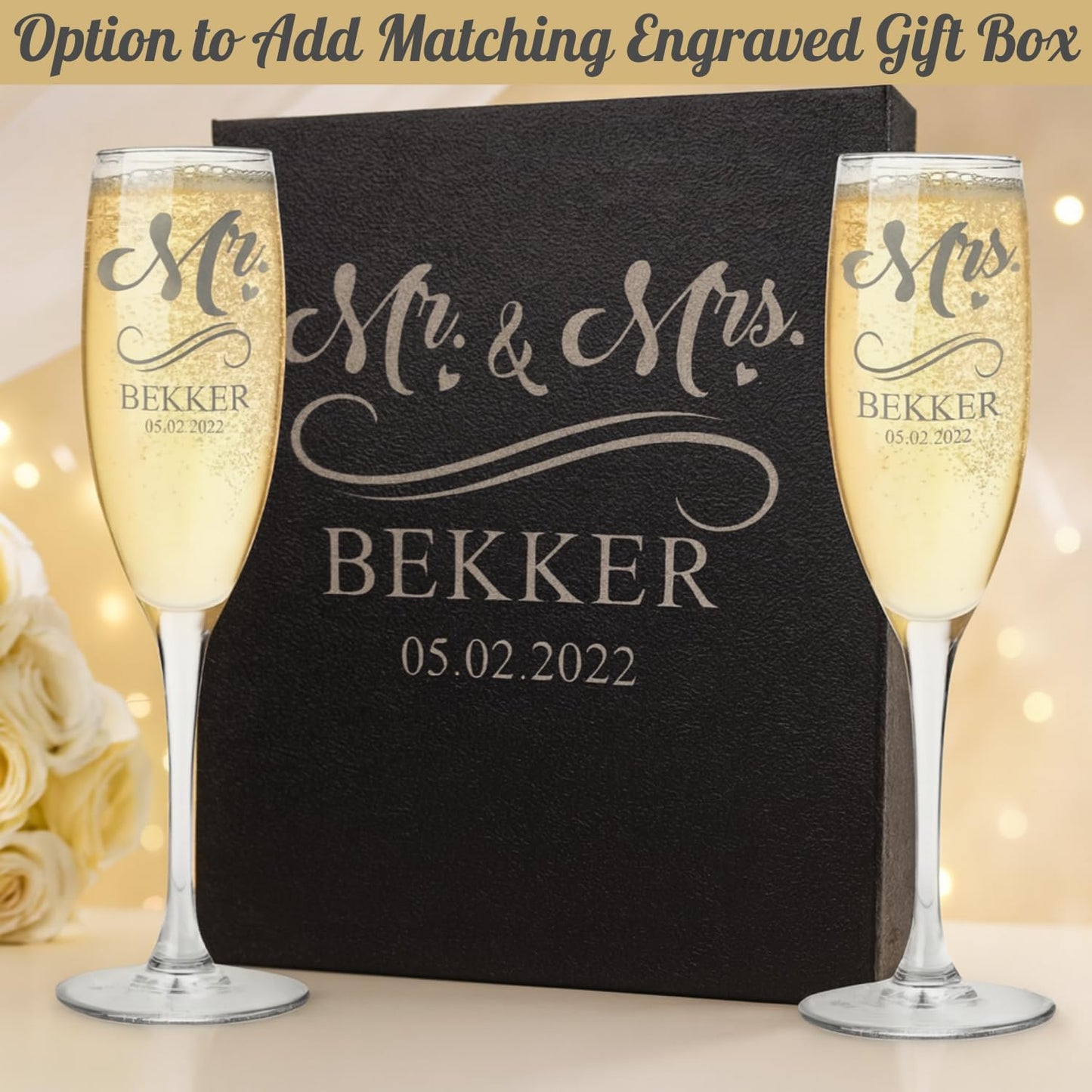 Gifts Inscribed Personalized Champagne Glasses Set of 2 – Engraved Mr and Mrs Champagne Flutes – Custom Stemmed Glassware Gift for Wedding, Engagement, Anniversary, Bridal Party