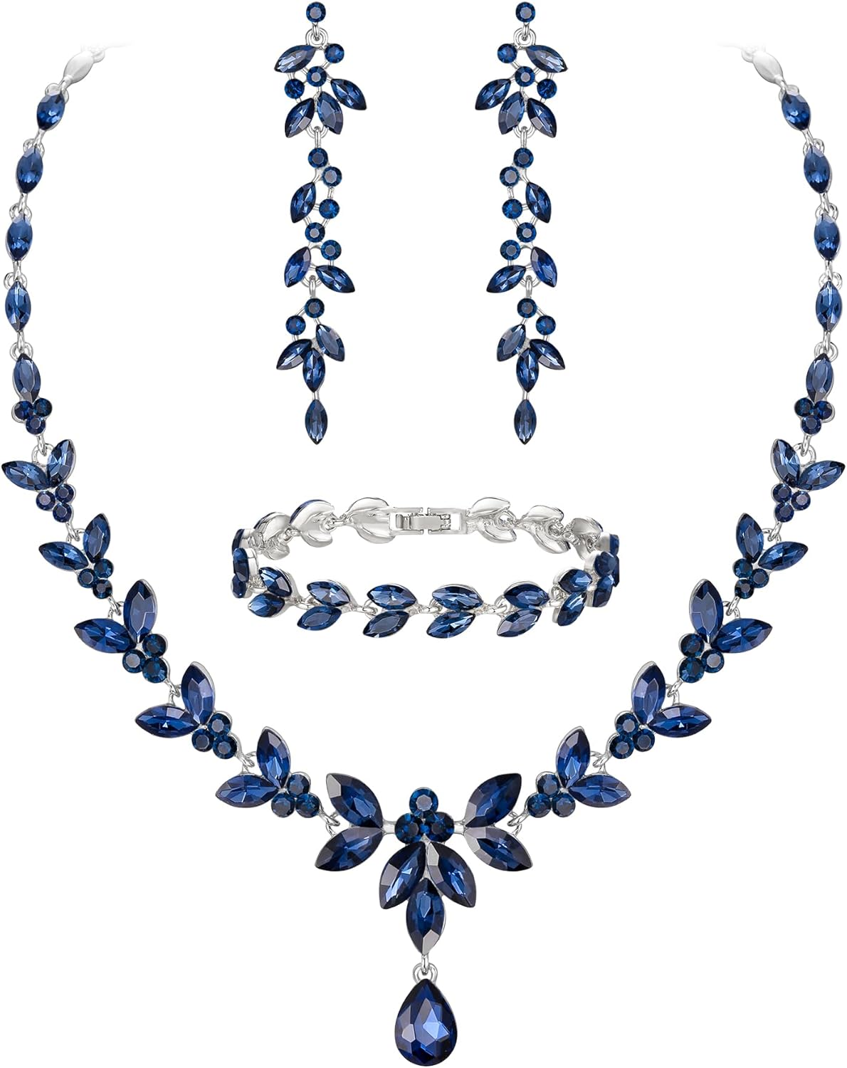 EVER FAITH Austrian Crystal Bridal Bridesmaid Jewelry Sets, Elegant Marquise Rhinestone Leaf Necklace Dangle Earrings Tennis Bracelet Set for Women