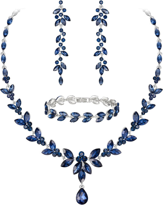 EVER FAITH Austrian Crystal Bridal Bridesmaid Jewelry Sets, Elegant Marquise Rhinestone Leaf Necklace Dangle Earrings Tennis Bracelet Set for Women