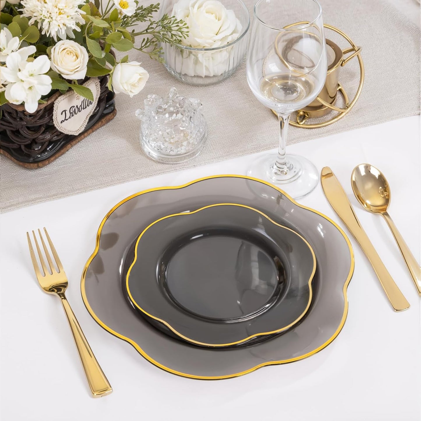 Liacere 100PCS Durable Plastic Plates-Gray Plastic Plates with Gold rim-100PCS Gray Dinner Plates, Perfect for Wedding & Party & Holiday