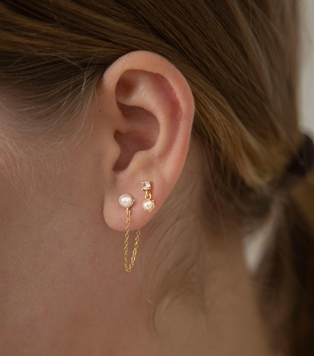 Moodear Gold Earrings for Women No Tarnish - Trendy 14K Gold Plated Pearl Hoop Studs Chain Earrings Stacks for Women Wedding Jewelry Gift