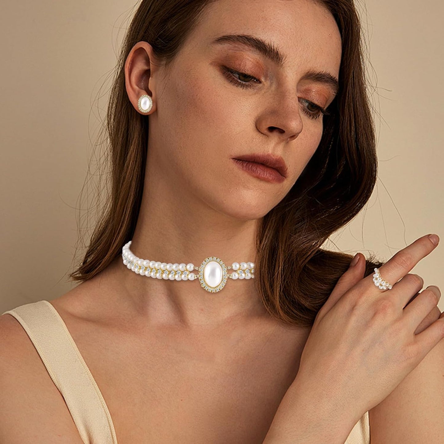 Pearl Jewelry Set for Women Faux Pearl Costume Jewelry Set with Necklace, Bracelets, Ring, Earrings for Wedding Bridal Birthday Tea Party