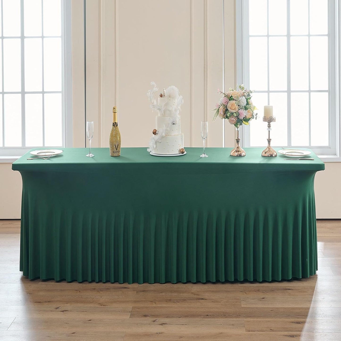 1 pk Hunter Green Spandex Tablecloth for 6 Foot Rectangle Tables, Wrinkle Free Fitted Spandex Table Covers 6ft Green Stretch Table Cloths with Ruffle Skirt for Parties Weddings Banquet Baby Shower