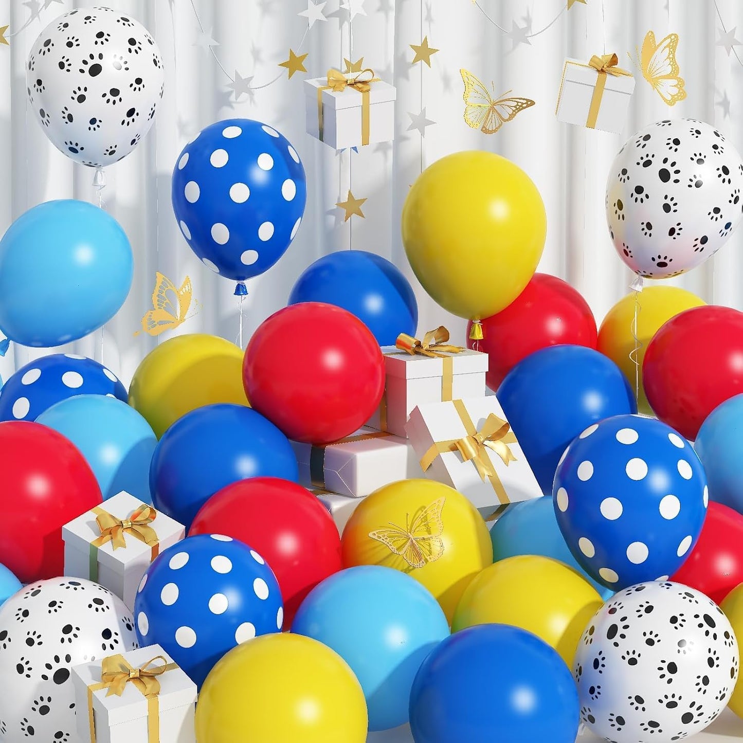 Dog Paw Balloons, 12 Inch Royal Blue Red and Yellow Balloons with White Dog Paw Print Helium Latex Balloon, Carnival Circus Balloon for Dog Themed Boys Girls Birthday Party Decoration Supplies