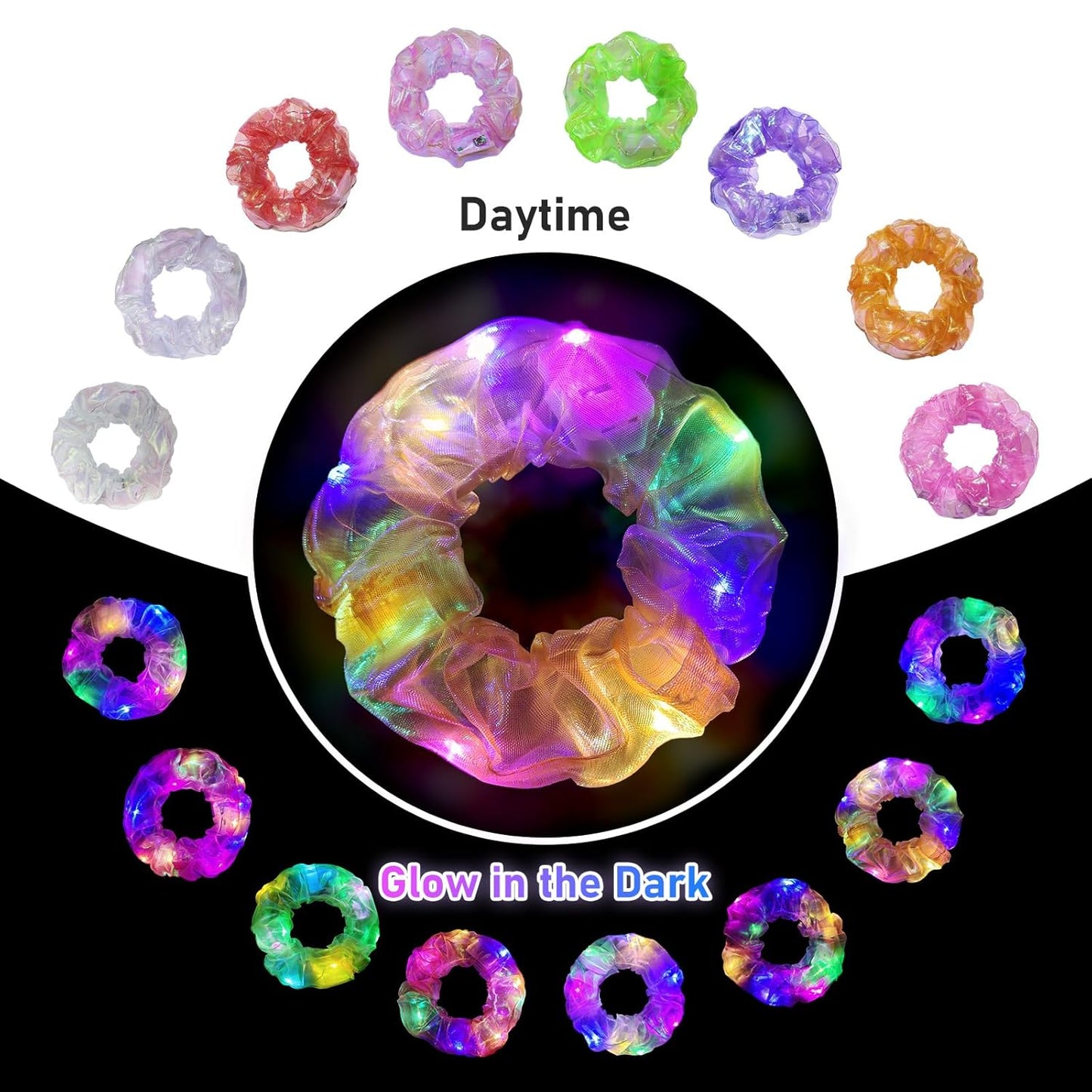 8 Pcs Light Up Mermaid Scrunchies, LED Hair Scrunchy for Girl & Women, Multi Light Modes, Glow in the Dark Accessories for Rave Neon Slumber Party