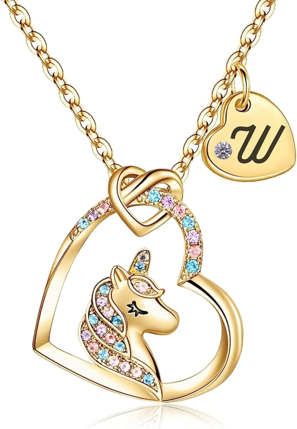 Unicorn Necklace for Girls Kids with Personalized Initial Heart Pendant, 18K Gold Fashion Jewelry for Girls, Colorful Heart Necklace for Birthday Gifts.