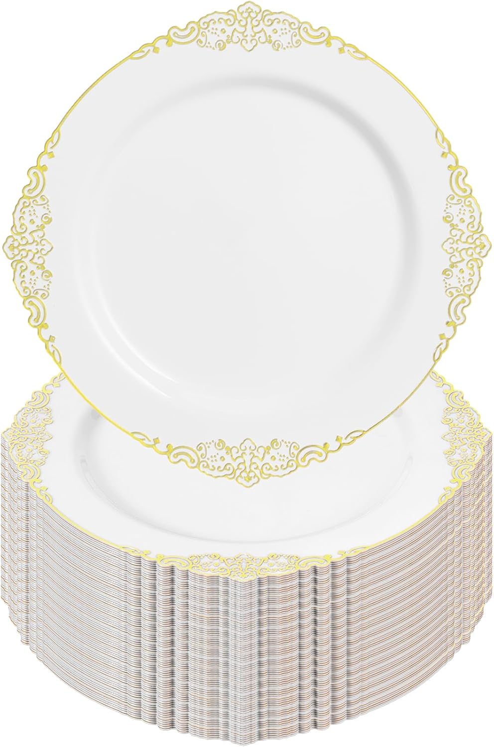 Goodluck 100PCS White and Gold Plastic Plates – 10.25” Heavy Duty Disposable Dinner Plates & Party Plates for Weddings, Parties, Events – Elegant, Sturdy