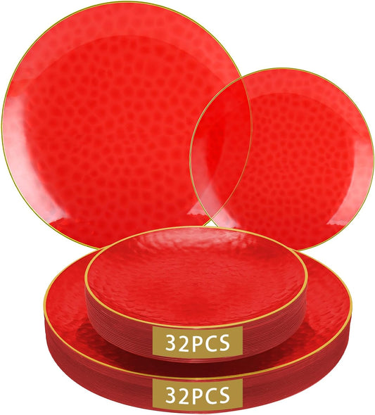 64 Pcs Red Plasitc Plates, 32 Guests Clear Red Disposable Plates with Gold Rim, Hammered Plastic plates Include 32 Dinner Platos and 32 Dessert Platos for Party Wedding Birthday Christmas