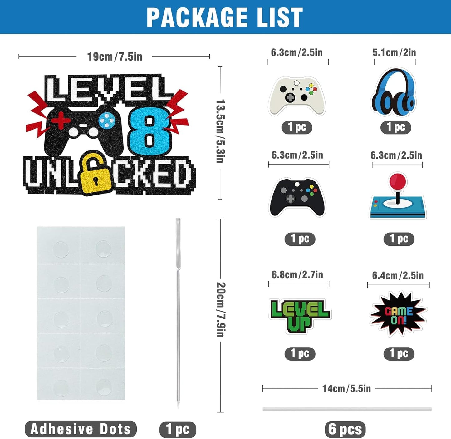 Video Game Cake Topper, Level 8 Unlocked Cake Toppers, Happy 8th Birthday Game Party Decorations for Boys Girls, Video Game Controller Themed Birthday Party Supplies for Game Fans, Kids and Men