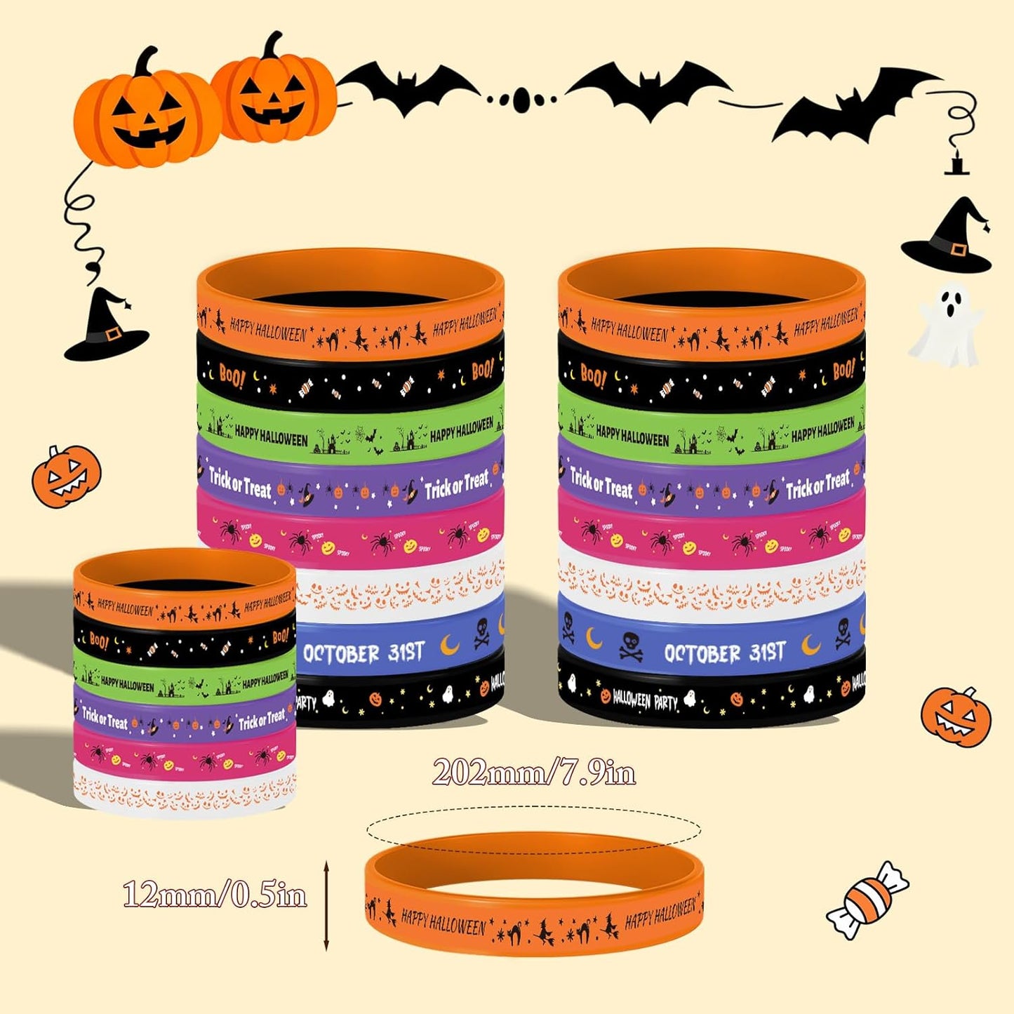 24Pcs Halloween Party Favors, 8 Designs Silicone Bracelets Rubber Wristbands for Kids Halloween Party Decor Trick or Treat Classroom Supplies