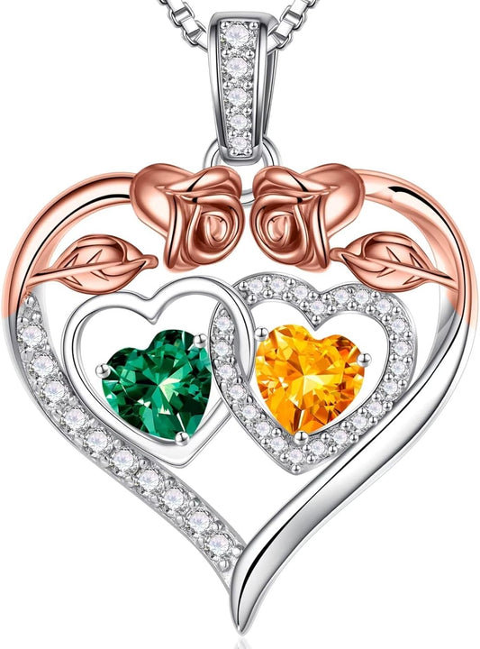 Iefil Double Birthstone Necklace Gifts for Wife Girlfriend Her Women, Birthstone Jewelry Gemstone Valentines Birthday Gifts for Her Women Wife Mom Grandma