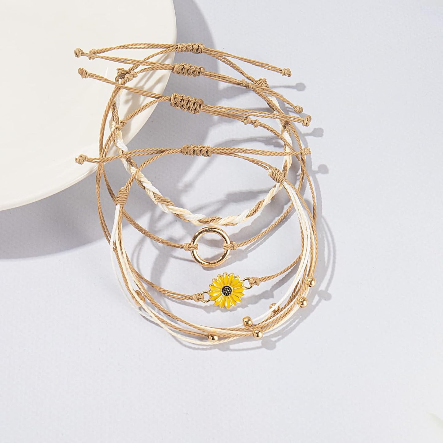 FANCY SHINY Sunflower String Bracelet Boho Braided Rope Wrap Bracelets Cute Summer Beach Surfer Jewelry for Women Christmas Gifts