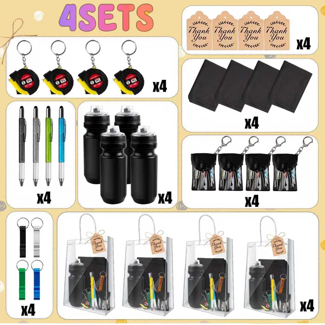 4 Sets Baby Shower Prizes for Men with Kettle Ruler Pen Cooling Towel Tool Kit Bottle Opener Cardboard Hemp Rope Plastic Bag for Baby Shower Game Winners Men Bachelor Party